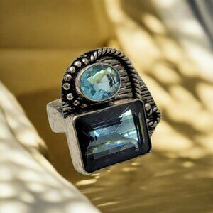 Vintage Sterling Silver Topaz & Aquamarine Color Glass Stones Rope & Dot 925